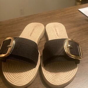 Ashley Blue Black and Gold Sandals with Espadrille Base